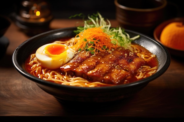 Foto ciotola di ramen giapponese con tonkatsu con tagliatelle di maiale tenero e uova su un tavolo di legno