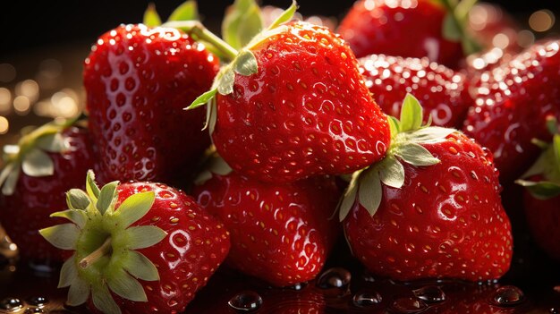 Bowl juicy pile of red strawberries on wooden table on blur forest background with copy space