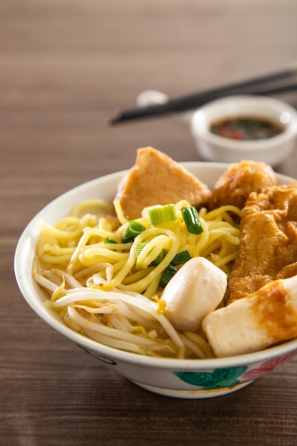 A bowl of Kampar fishball noodle soup with stuffed Yong Tau Foo