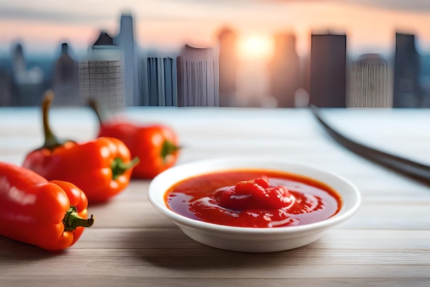 a bowl of ketchup is next to a bowl of ketchup.