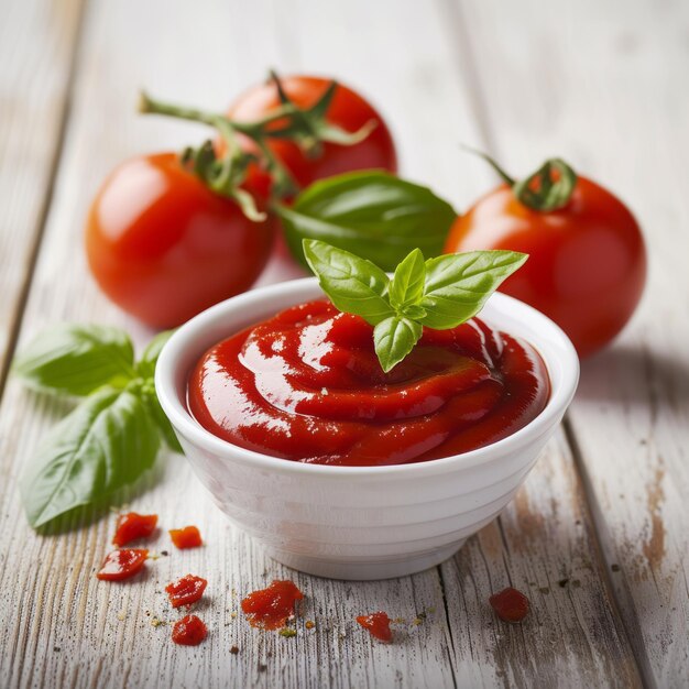 Photo bowl of ketchup or tomato sauce on white wooden table