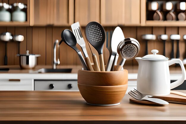 a bowl of kitchen utensils with a white pot on the counter