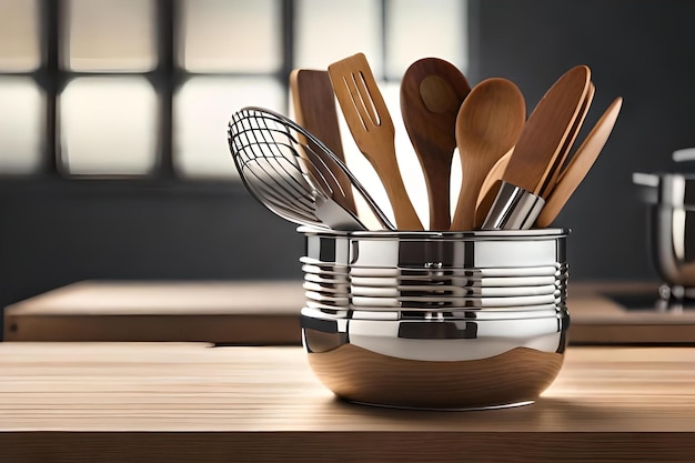 A bowl of kitchen utensils with a wooden spoon in it