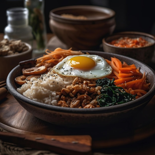 A bowl of korean food with a fried egg on top.