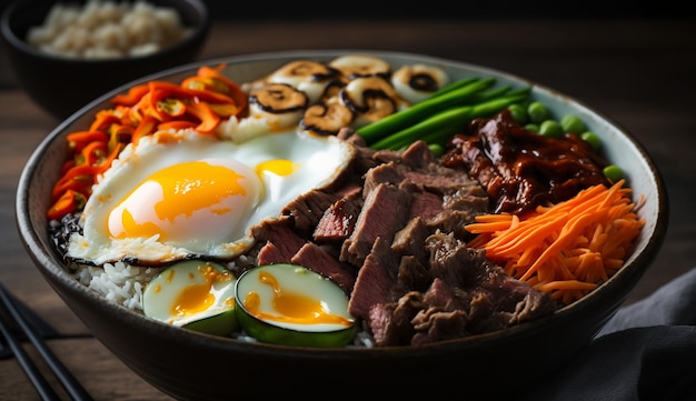 A bowl of korean food with a plate of beef, egg, and vegetables.