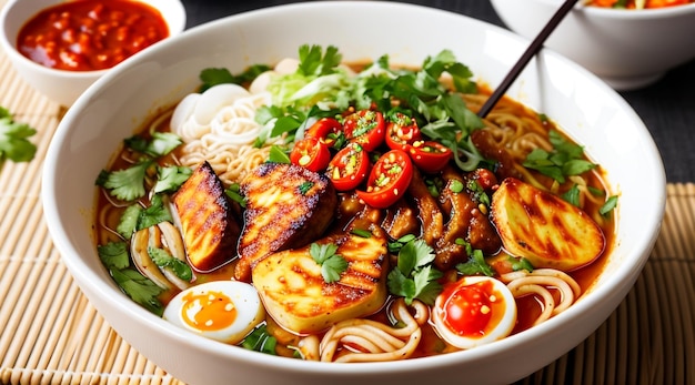 a bowl of Korean spicy ramen with tomato sauce