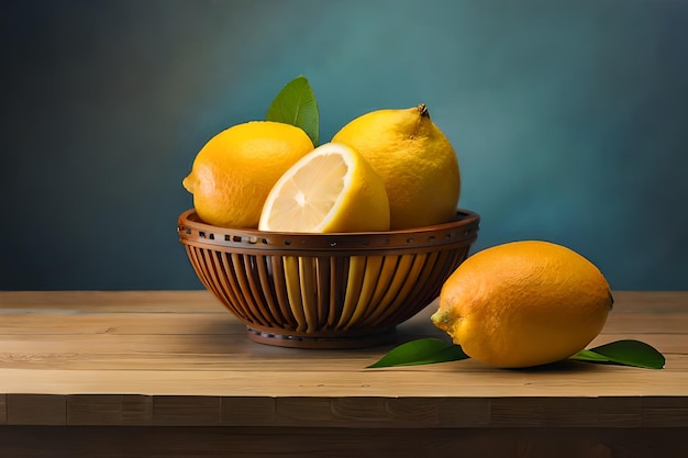 a bowl of lemons and a lemon on a table.