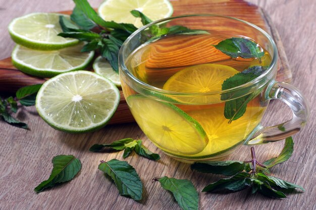 a bowl of lemons and limes with a green leaf.