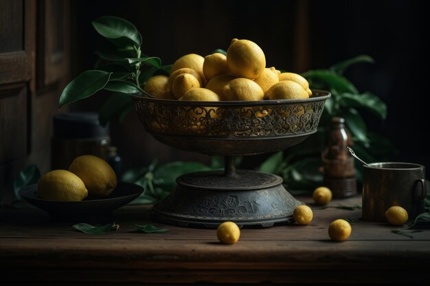 Миска с лимонами стоит на столе с несколькими другими фруктами.