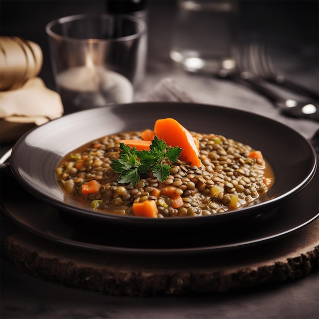 A bowl of lentil soup with carrots and celery on a wooden table.