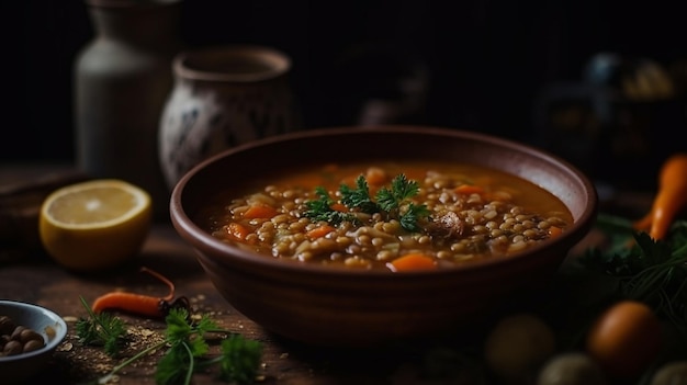 A bowl of lentil soup with carrots and onions on a table