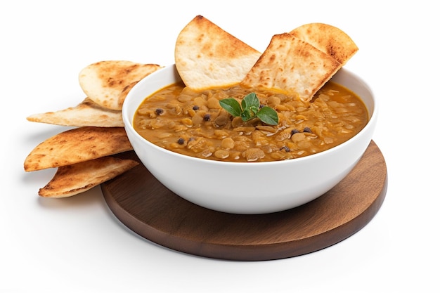 A bowl of lentil soup with a slice of pita bread on the side.