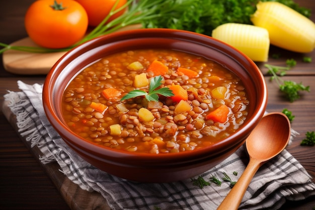 A bowl of lentil soup with vegetables on a table.