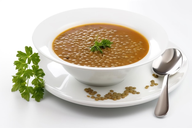 A bowl of lentils with a spoon on the side