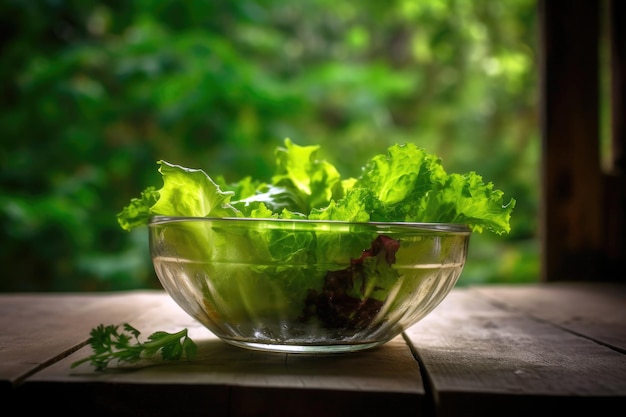 A bowl of lettuce sits on a table in front of a green background.