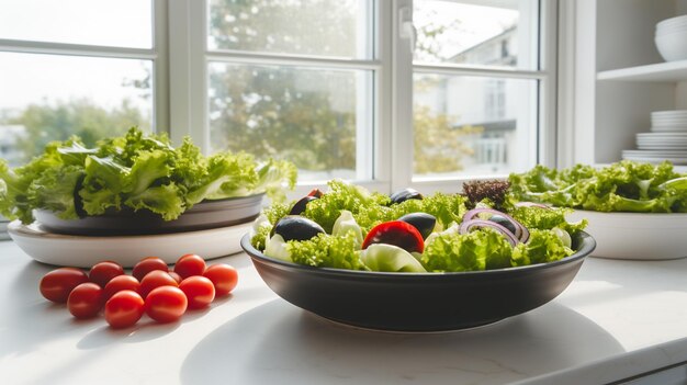 a bowl of lettuce tomatoes and lettuce sit on a kitchen counter