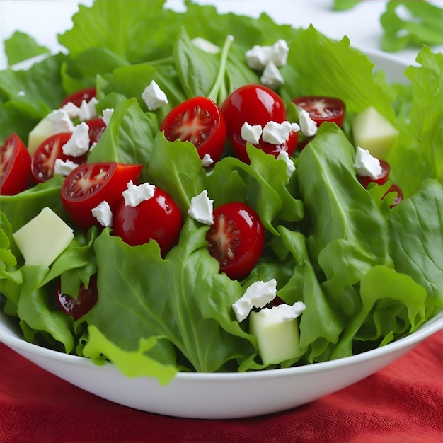 A bowl of lettuce with cheese, tomatoes, and feta cheese.