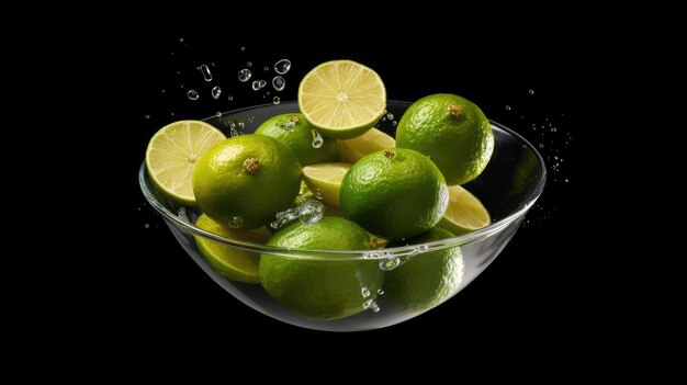A bowl of limes is filled with water and the word limes is on the bottom right.