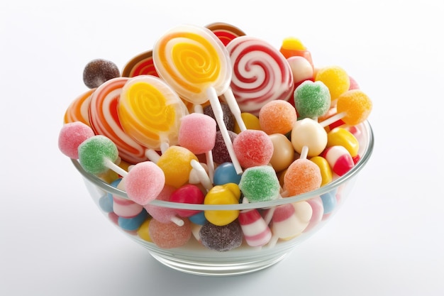 A bowl of lollipops with different colors and the word candy on it.