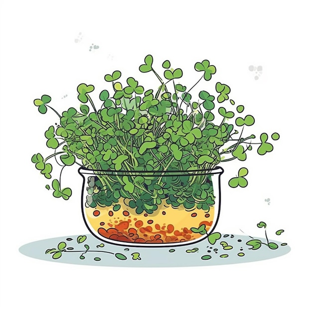 A bowl of lucky clovers with green leaves.