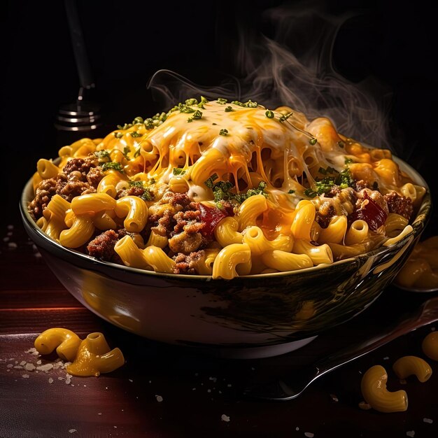 a bowl of mac and cheese with meat and in the style of aerial photography