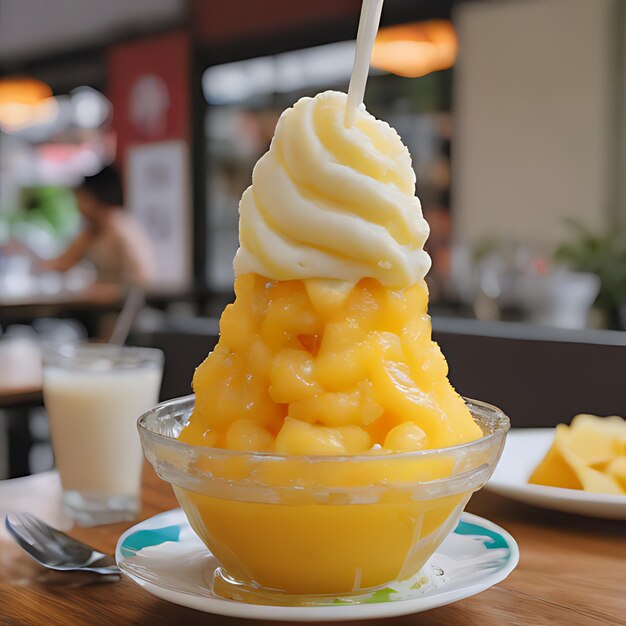 Photo a bowl of macaroni and cheese dessert is on a table