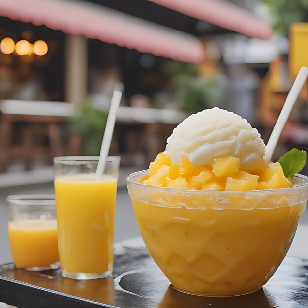 a bowl of macaroni and cheese next to a glass of orange juice