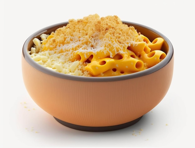 A bowl of macaroni and cheese is on a white background.