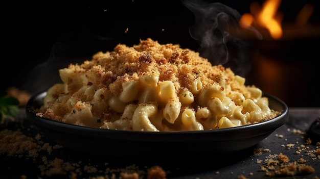 A bowl of macaroni and cheese with a fire on the side