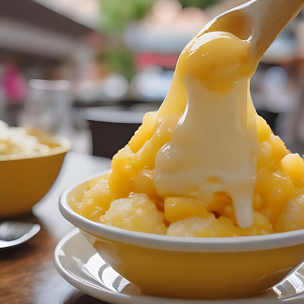 Photo a bowl of macaroni and cheese with a spoon in it