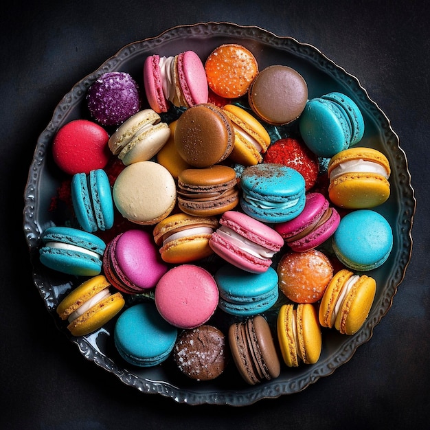 A bowl of macaroons is on a dark surface.