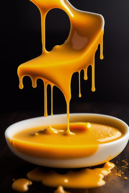 A bowl of mango puree with a spoon pouring it into it