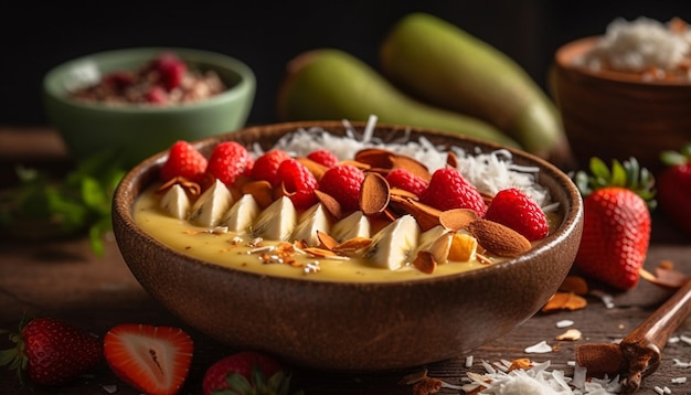 A bowl of mango smoothie with strawberries and bananas