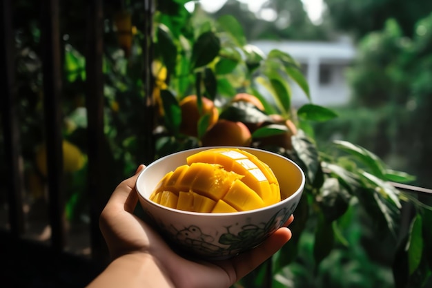 A bowl of mangoes in a tree