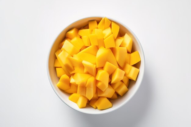 A bowl of mangoes on a white surface