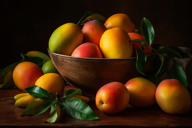 A bowl of mangoes with leaves on the table