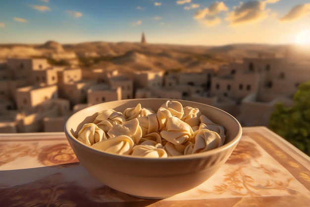 A bowl of Manti laid out