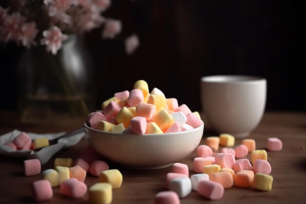 a bowl of marshmallows is on the table next to the flowers pastel colors ai generative