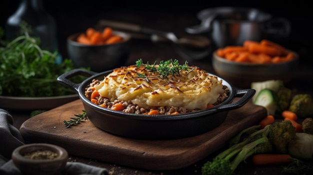 A bowl of mashed potato with a sprig of parsley on top