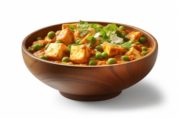 Bowl of matar paneer on white background