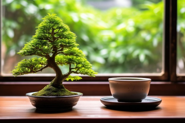 A bowl of matcha tea next to a bonsai tree