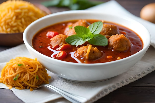 A bowl of meatballs and spaghetti on a table