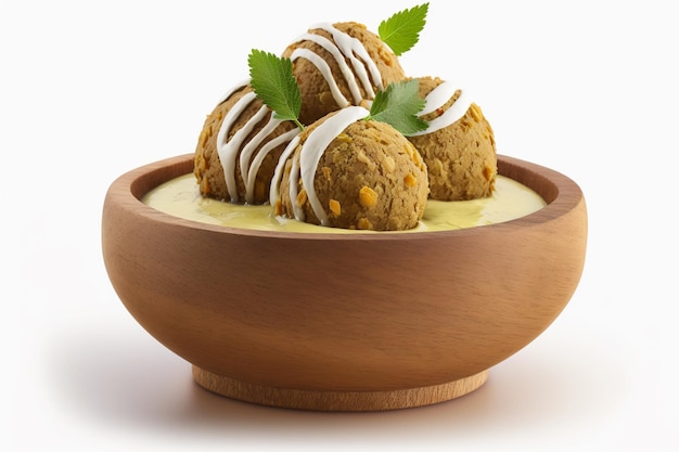 A bowl of meatballs with cream sauce and green leaves isolated on white background illustration imag