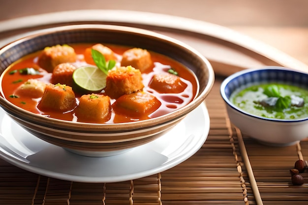 A bowl of meatballs with a green sauce