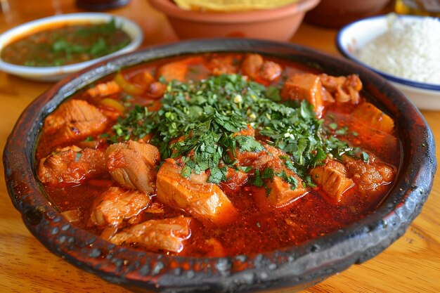 Bowl of menudo garnished with chopped green onions