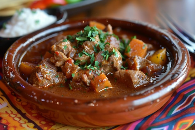 Bowl of menudo garnished with chopped green onions