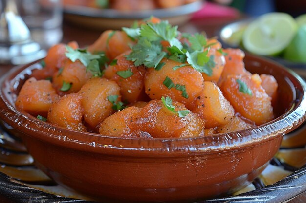 Bowl of menudo garnished with fresh cilantro leaves