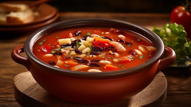 A bowl of mexican bean soup with a red rim sits on a table.