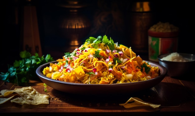 A bowl of mexican food with tortilla chips Delicious bowl of Mexican food with crispy tortilla chips