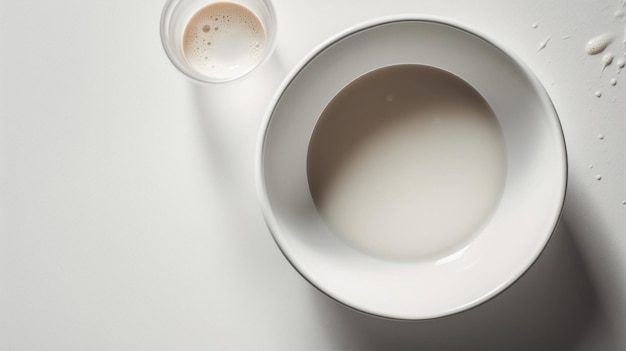 A bowl of milk and a cup of milk sit on a white table.